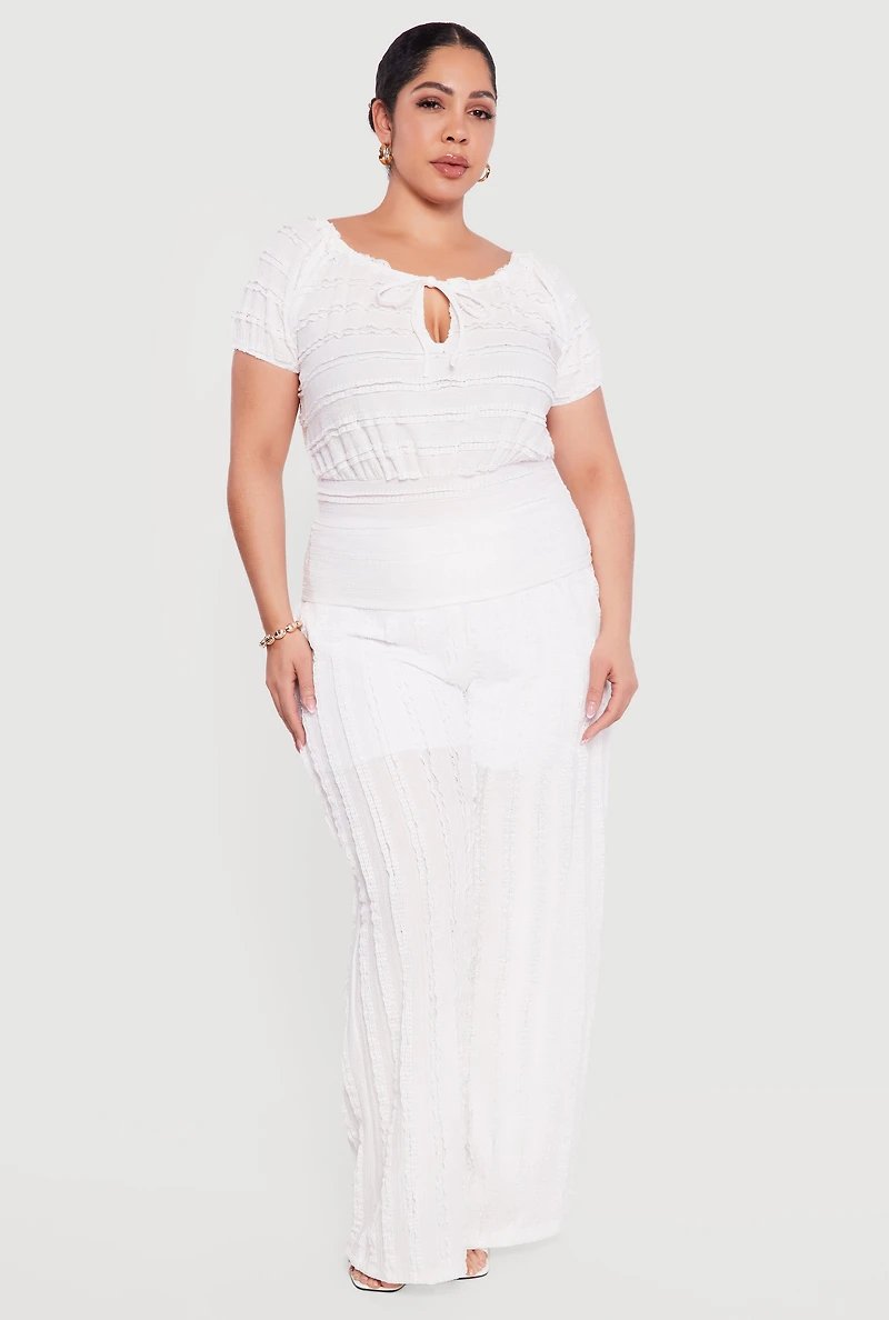 Plus Tie Front Keyhole Cinched Waist Ruffle Blouse