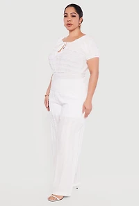 Plus Tie Front Keyhole Cinched Waist Ruffle Blouse