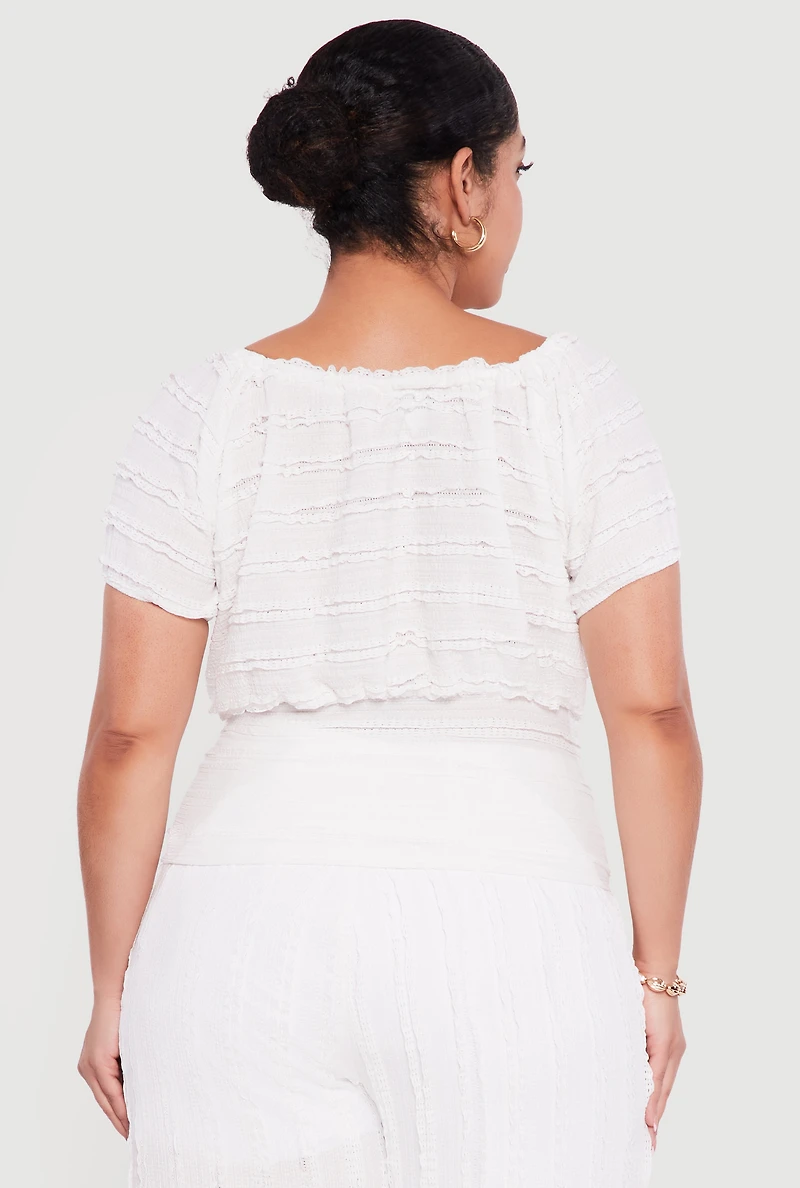 Plus Tie Front Keyhole Cinched Waist Ruffle Blouse