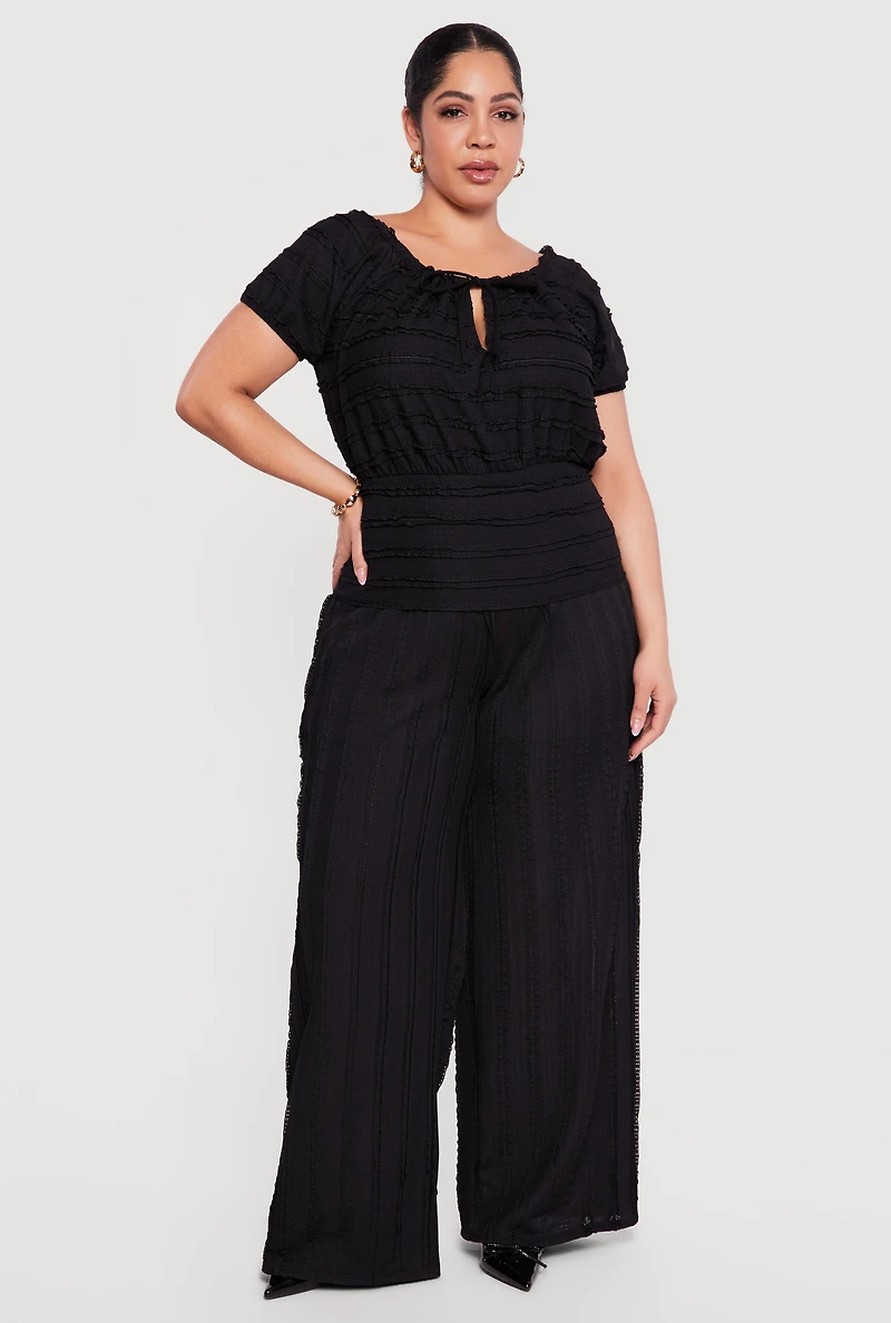Plus Textured Knit High Waisted Pull On Wide Leg Pants