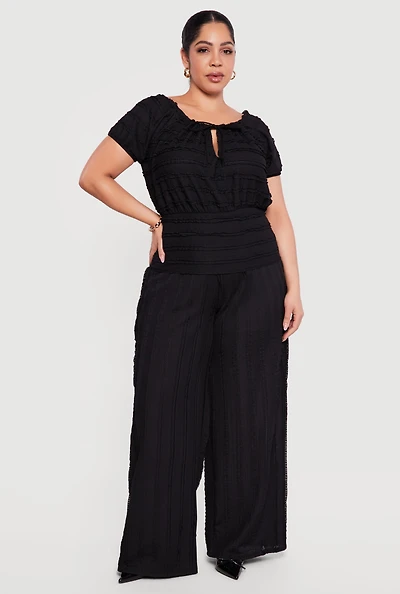 Plus Textured Knit High Waisted Pull On Wide Leg Pants