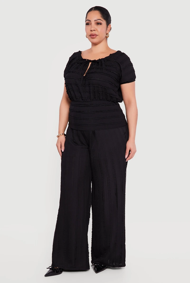 Plus Textured Knit High Waisted Pull On Wide Leg Pants