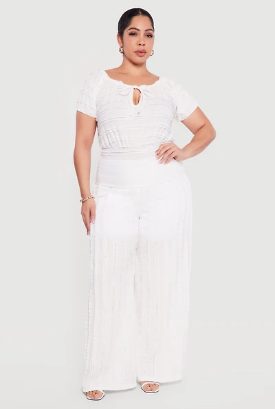 Plus Textured Knit High Waisted Pull On Wide Leg Pants