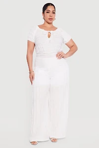 Plus Textured Knit High Waisted Pull On Wide Leg Pants