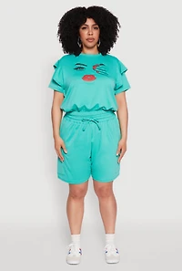 Womens Plus Tiered Ruffle Sleeve Face Graphic Top, 2X