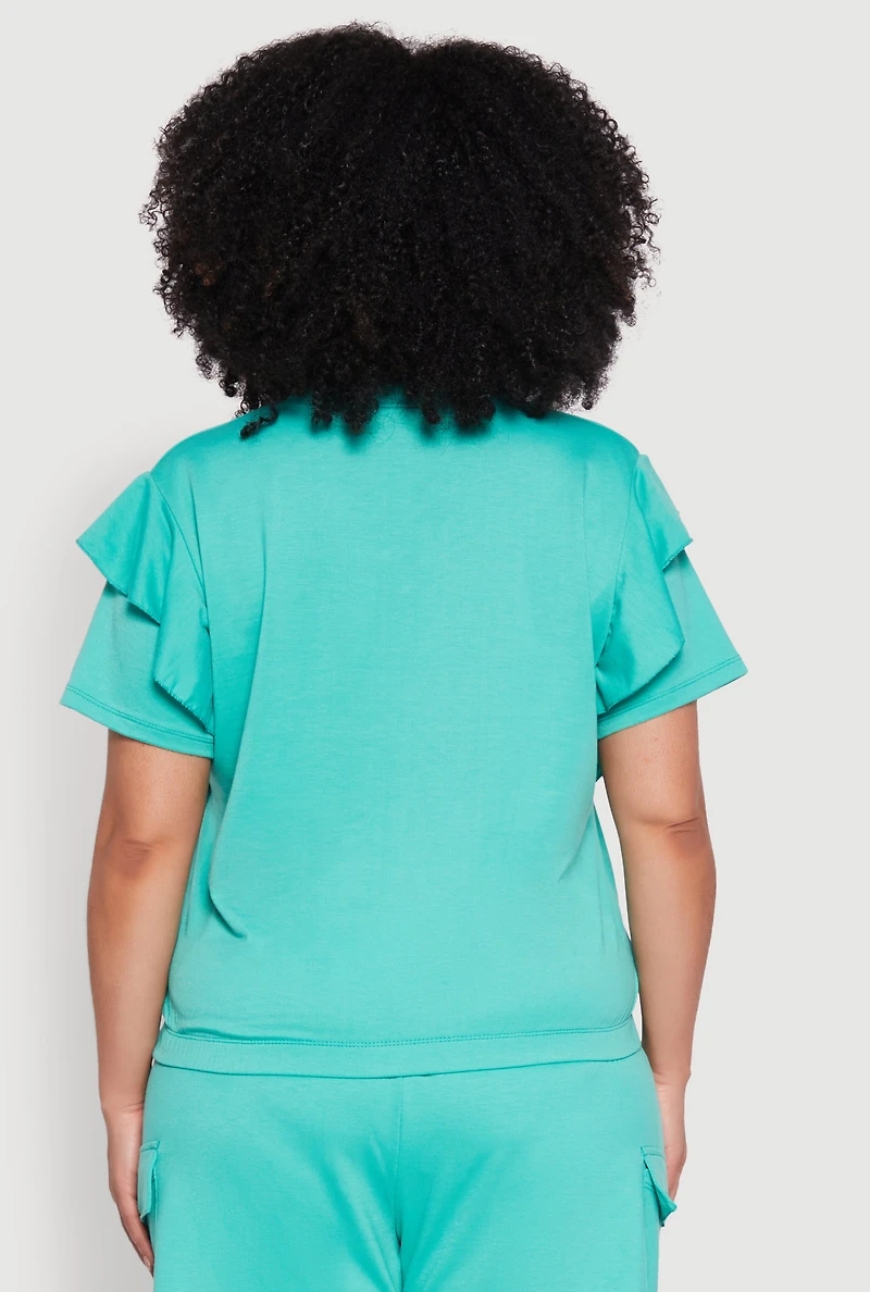 Womens Plus Size Tiered Ruffle Sleeve Face Graphic Top, Green, Size 2X