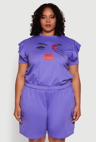 Womens Plus Size Tiered Ruffle Sleeve Face Graphic Top, Purple, Size 2X