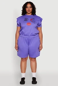 Womens Plus Size Tiered Ruffle Sleeve Face Graphic Top, Purple, Size 2X