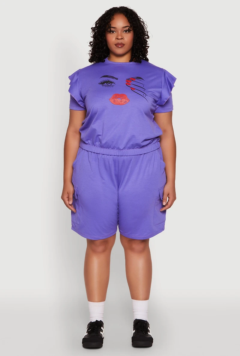 Womens Plus Size Tiered Ruffle Sleeve Face Graphic Top, Purple, Size 1X