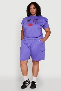 Womens Plus Size Tiered Ruffle Sleeve Face Graphic Top, Purple, Size 2X