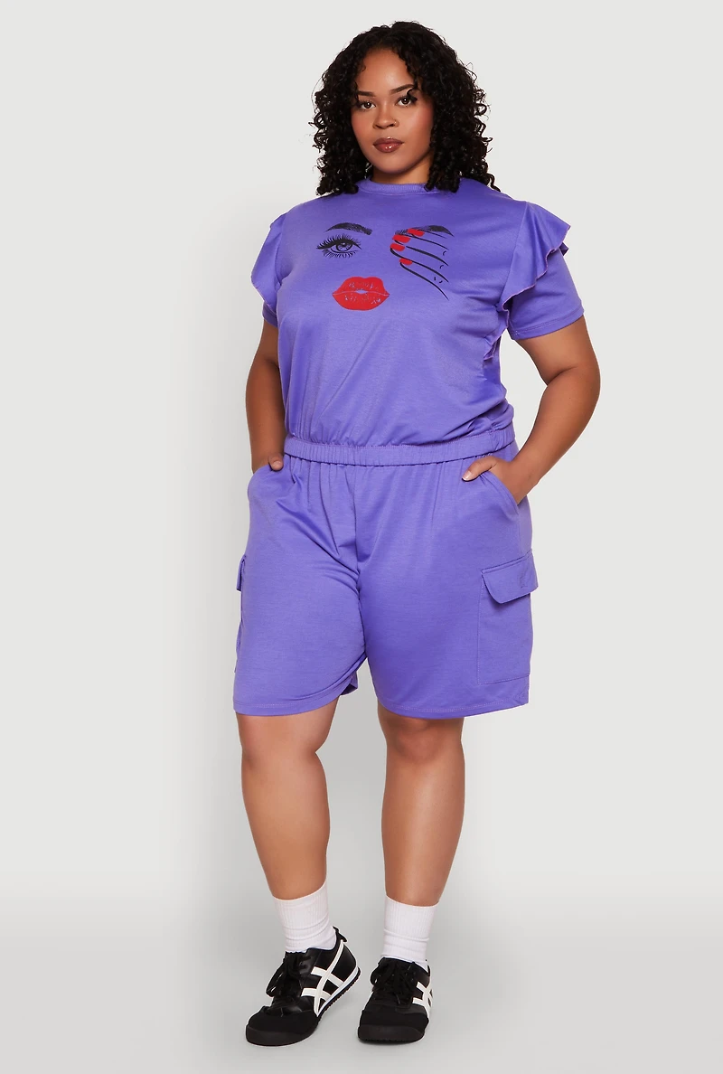 Plus Tiered Ruffle Sleeve Face Graphic Top