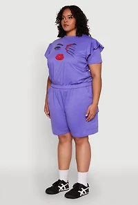 Womens Plus Size Tiered Ruffle Sleeve Face Graphic Top, Purple, Size 2X