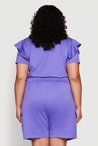 Womens Plus Size Tiered Ruffle Sleeve Face Graphic Top, Purple, Size 2X