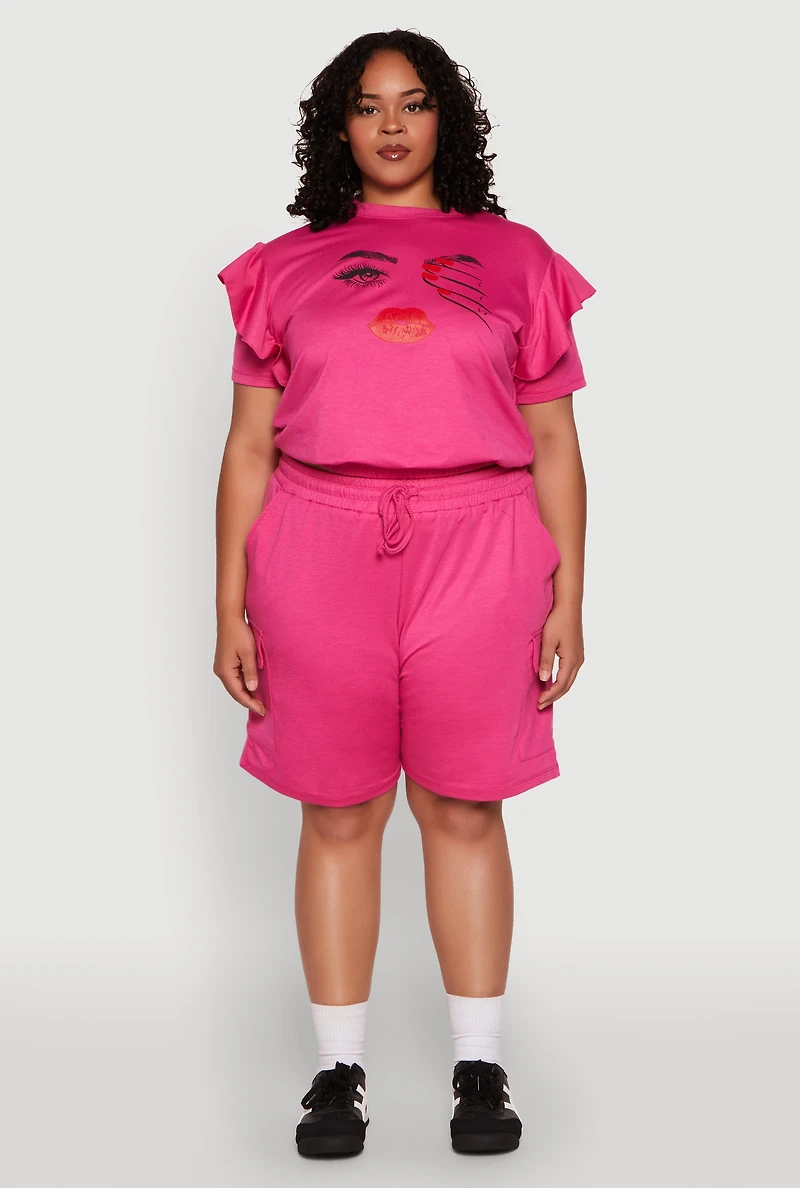 Womens Plus Size Tiered Ruffle Sleeve Face Graphic Top, Pink, Size 1X