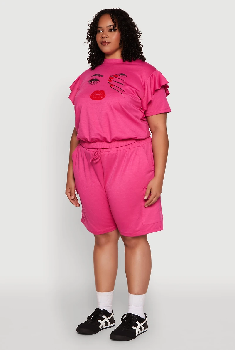 Womens Plus Size Tiered Ruffle Sleeve Face Graphic Top, Pink, Size 1X