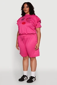 Womens Plus Size Tiered Ruffle Sleeve Face Graphic Top, Pink, Size 1X