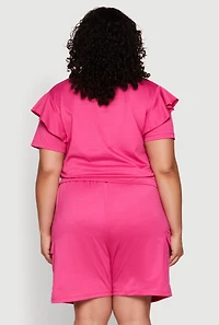 Womens Plus Size Tiered Ruffle Sleeve Face Graphic Top, Pink, Size 1X