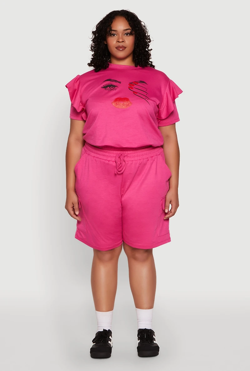 Womens Plus Size Drawstring Cargo Sweatshorts, Pink, Size 2X