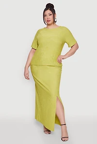 Womens Plus High Waisted Slit Front Skirt, Green,