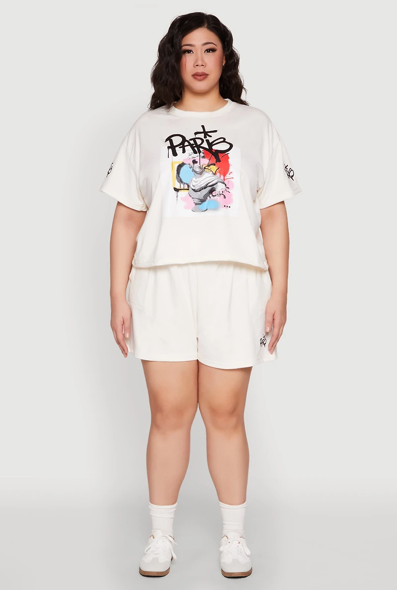 Womens Plus Size Paris Graphic Print Top, Beige, Size 2X