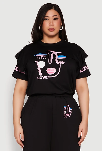 Womens Plus Abstract Love Graphic Tiered Sleeve Top, 1X