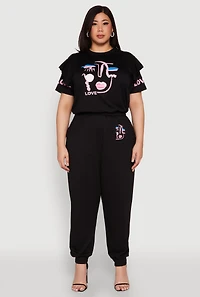 Womens Plus Size Abstract Love Graphic Tiered Sleeve Top, Black, Size 2X