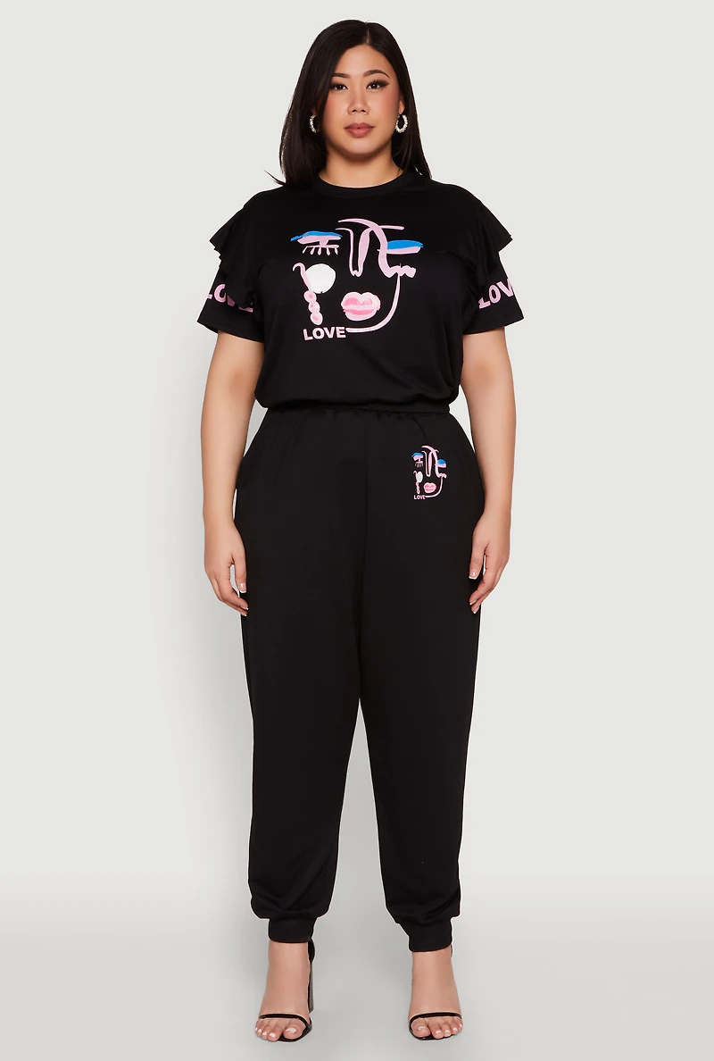 Womens Plus Abstract Love Graphic Tiered Sleeve Top, 1X