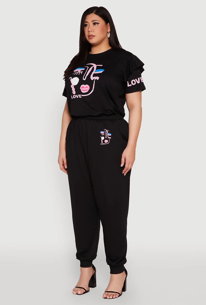 Womens Plus Abstract Love Graphic Tiered Sleeve Top, 1X