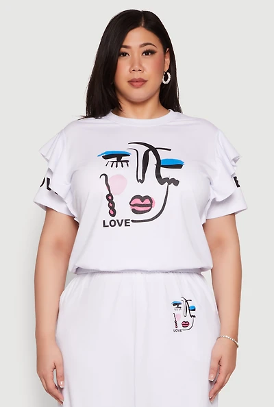 Womens Plus Size Abstract Love Graphic Tiered Sleeve Top, White, Size 1X