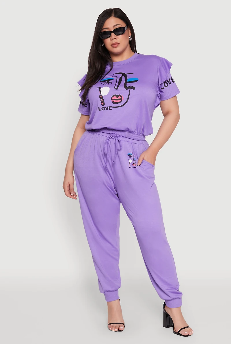 Womens Plus Size Abstract Love Graphic Tiered Sleeve Top, Purple, Size 1X