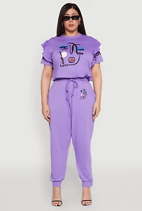 Womens Plus Size Abstract Love Graphic Tiered Sleeve Top, Purple, Size 1X