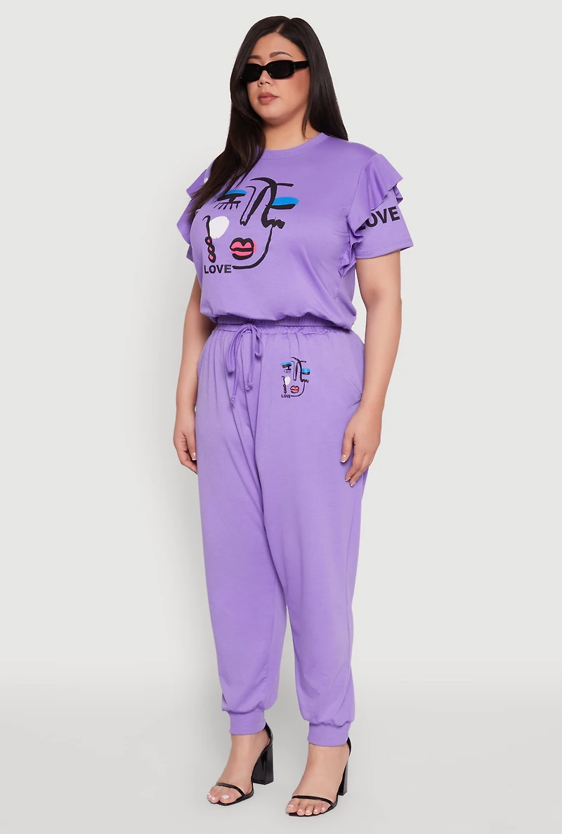 Womens Plus Size Abstract Love Graphic Tiered Sleeve Top, Purple, Size 1X