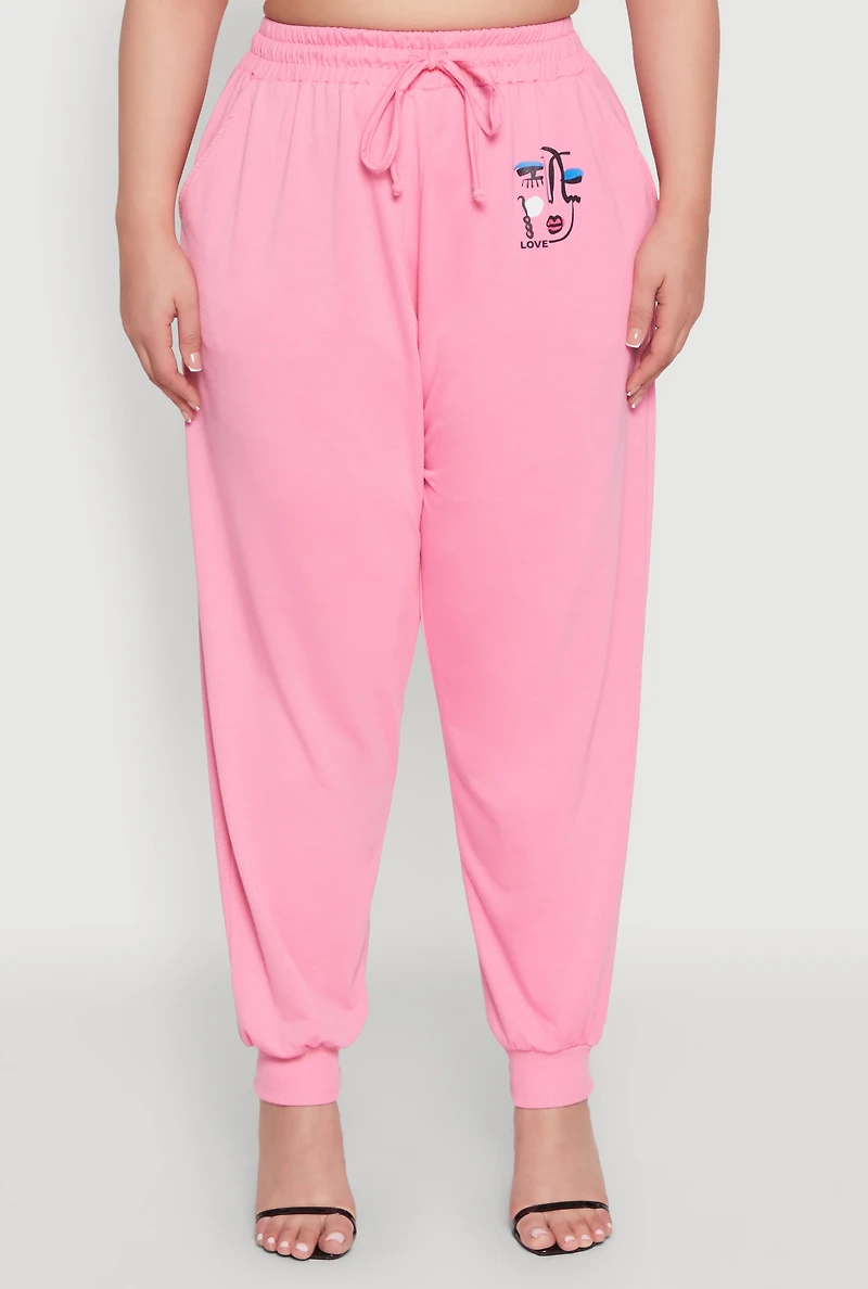 Womens Plus Size Abstract Love Graphic Joggers, Pink, Size 1X