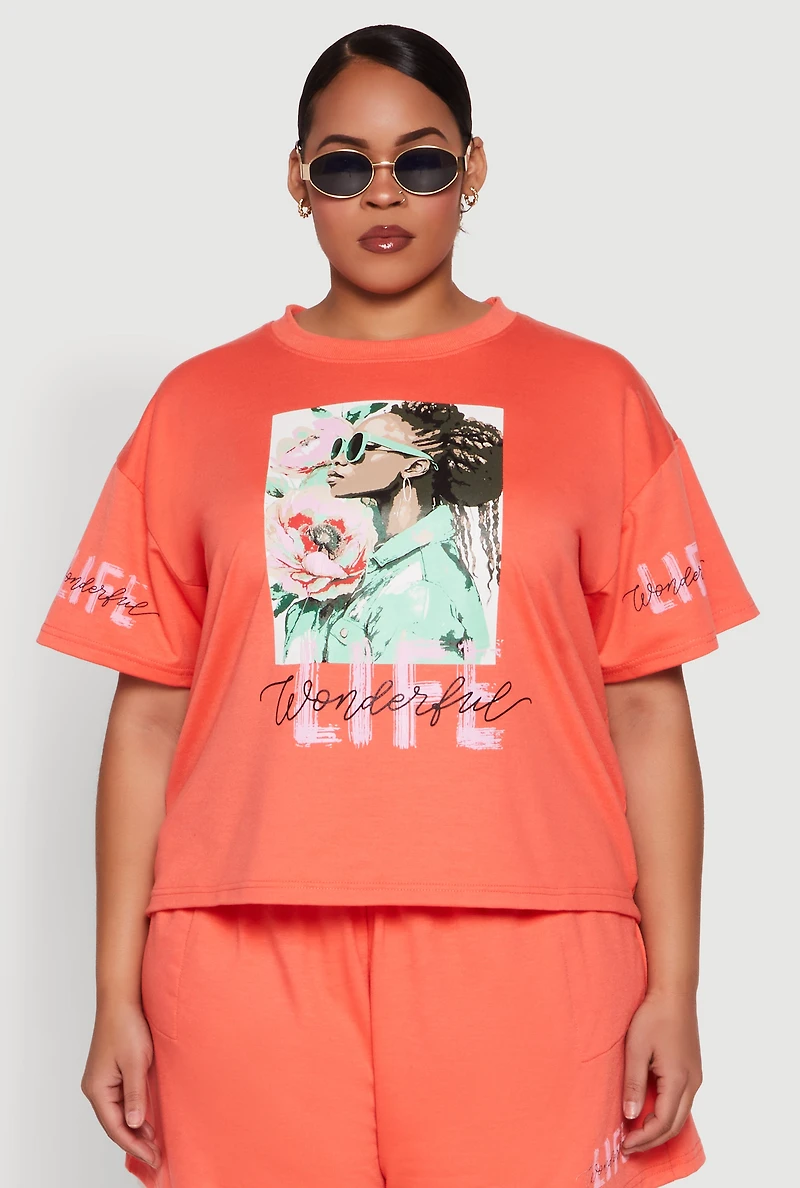 Womens Plus Size Wonderful Life Graphic Top, Orange, Size 1X