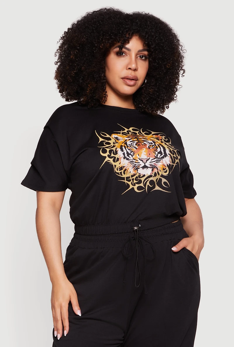 Plus Tiger Graphic Drawstring Hem Top