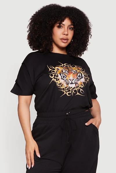 Plus Tiger Graphic Drawstring Hem Top