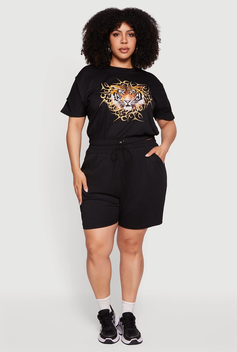 Plus Tiger Graphic Drawstring Hem Top