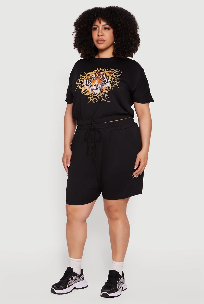 Plus Tiger Graphic Drawstring Hem Top