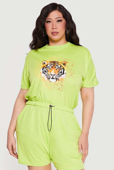 Plus Tiger Graphic Drawstring Hem Top