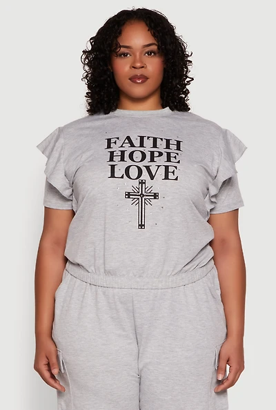 Womens Plus Tiered Ruffle Sleeve Faith Hope Love Top,