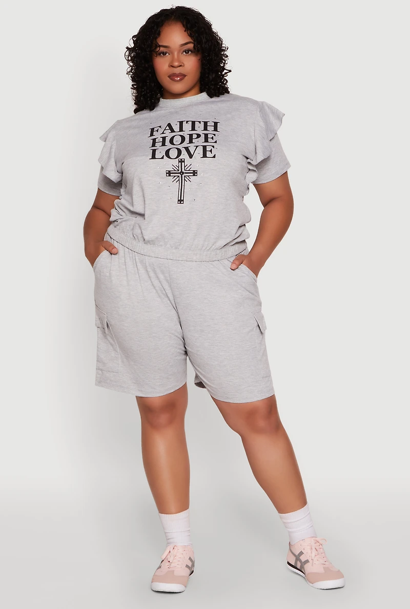 Womens Plus Tiered Ruffle Sleeve Faith Hope Love Top,