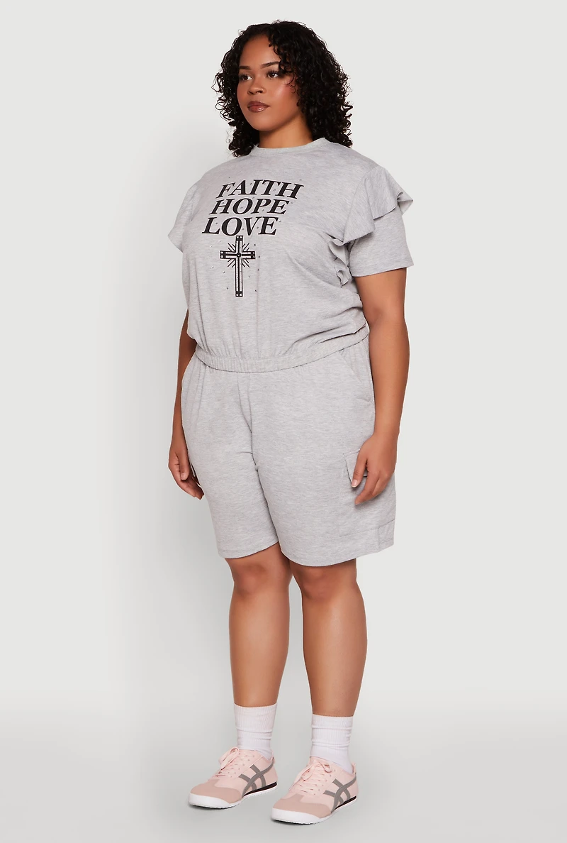Womens Plus Tiered Ruffle Sleeve Faith Hope Love Top,
