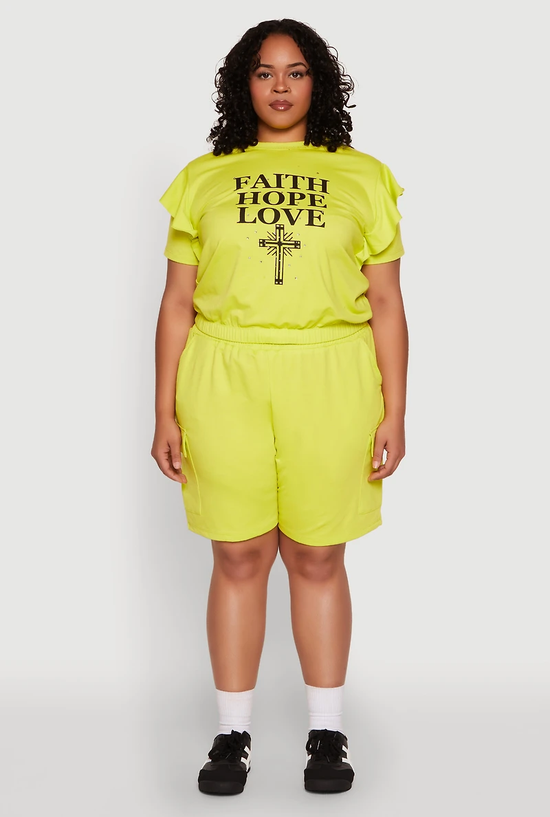 Womens Plus Size Tiered Ruffle Sleeve Faith Hope Love Top, Green, Size 3X