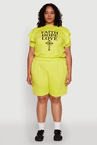 Womens Plus Size Tiered Ruffle Sleeve Faith Hope Love Top, Green, Size 3X