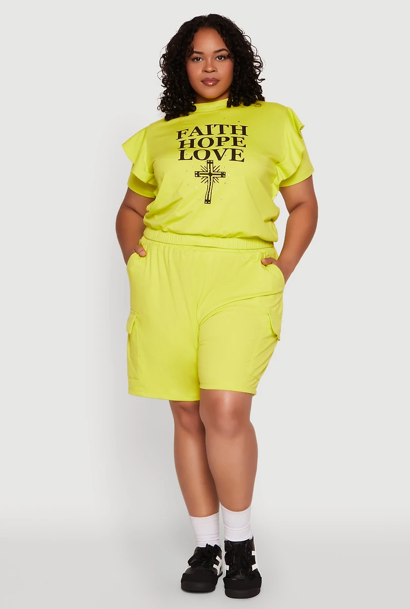 Womens Plus Size Tiered Ruffle Sleeve Faith Hope Love Top, Green, Size 1X