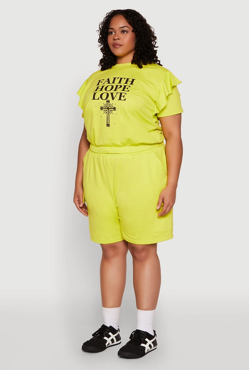 Womens Plus Size Tiered Ruffle Sleeve Faith Hope Love Top, Green, Size 3X