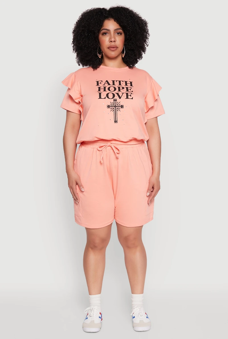 Womens Plus Size Tiered Ruffle Sleeve Faith Hope Love Top, Pink, Size 2X