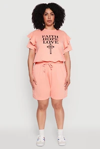 Womens Plus Size Tiered Ruffle Sleeve Faith Hope Love Top, Pink, Size 2X