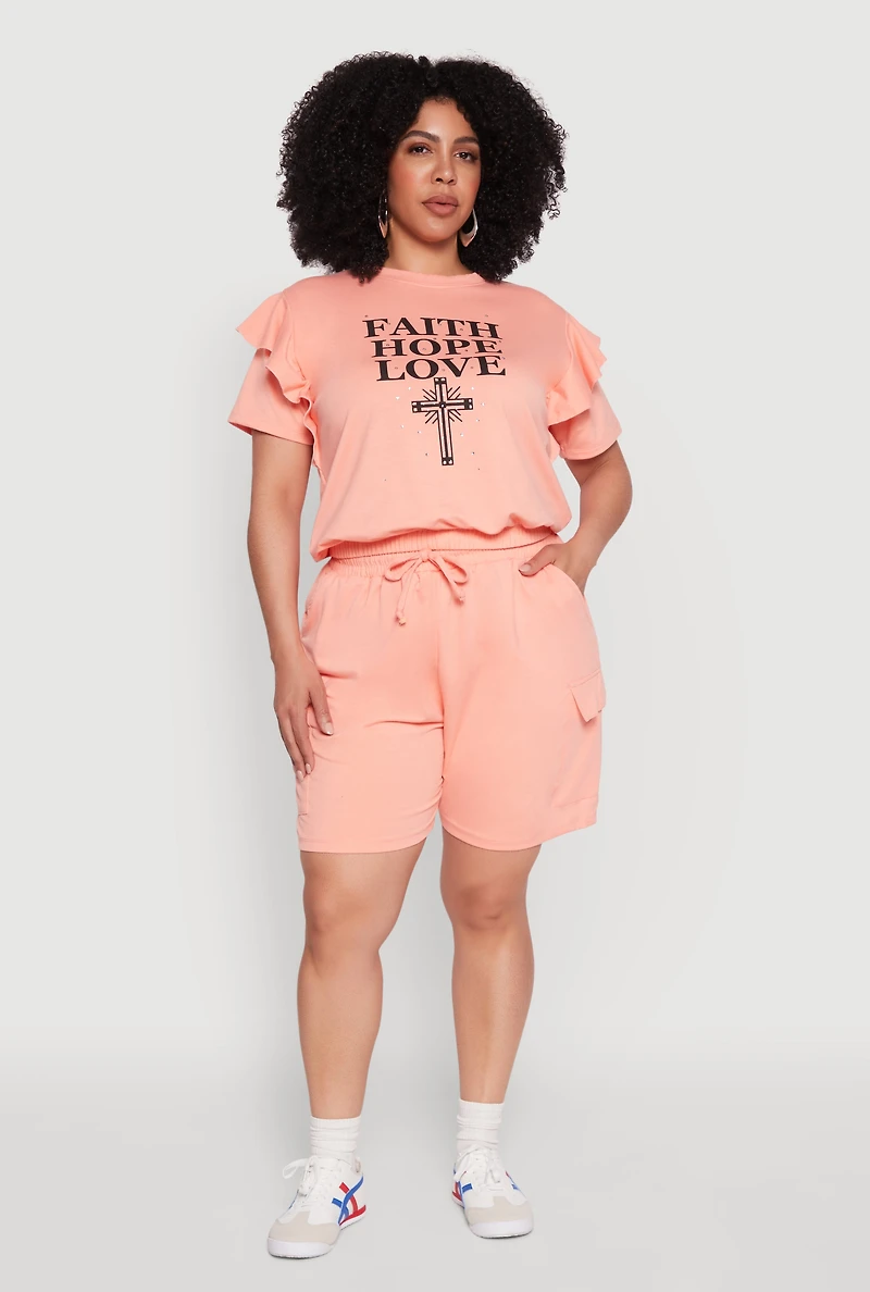 Womens Plus Size Tiered Ruffle Sleeve Faith Hope Love Top, Pink, Size 2X