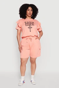 Womens Plus Size Tiered Ruffle Sleeve Faith Hope Love Top, Pink, Size 2X